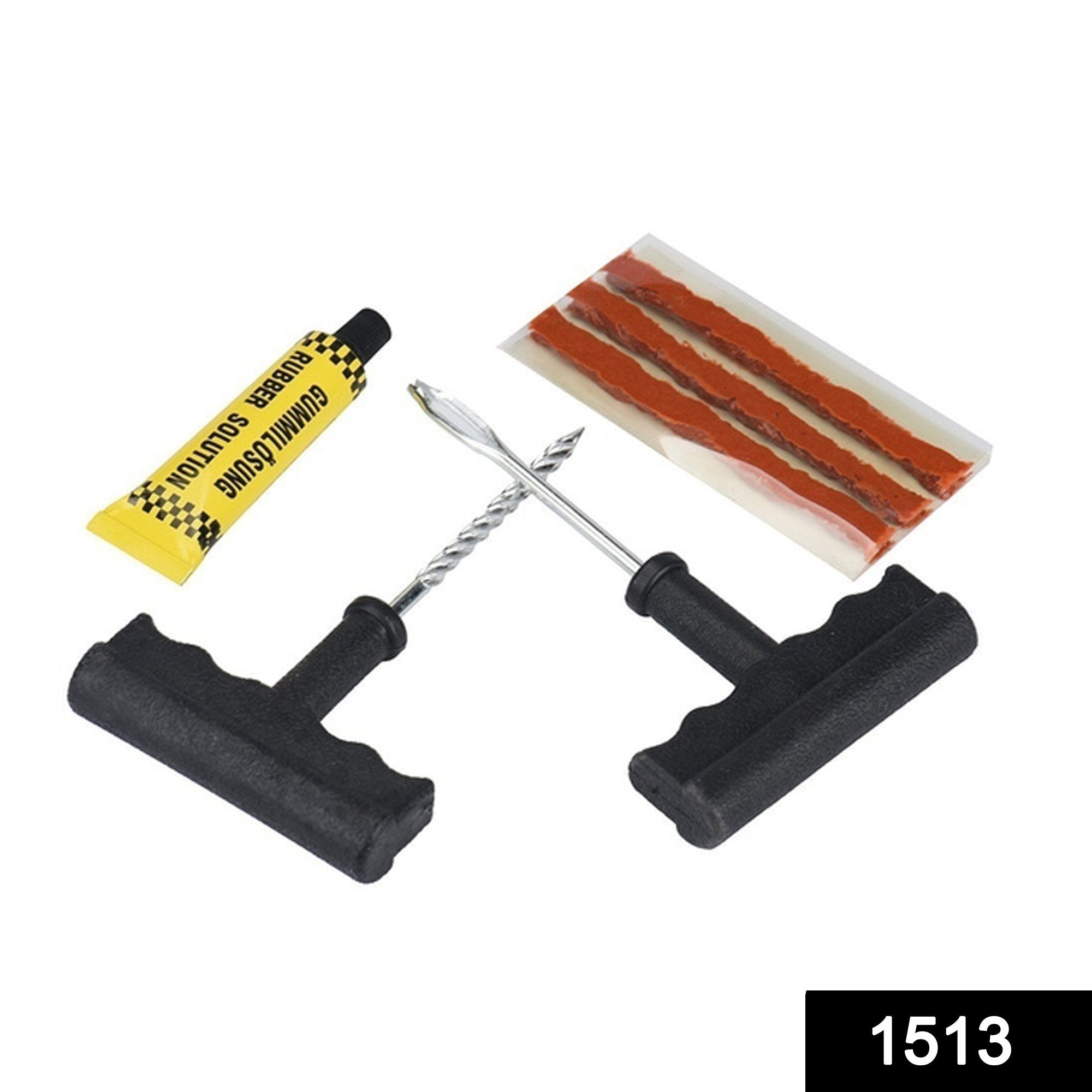 1513 Puncture Repair Kit Tubeless Tyre Full Set with Nose Pliers, Rubber Cement and Extra Strips for Cars, Bikes - SkyShopy 1513 Puncture Repair Kit Tubeless Tyre Full Set with Nose Pliers, Rubber Cement and Extra Strips for Cars, Bikes - SkyShopy